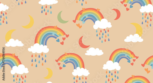 Colorful Rainbows and Clouds Pattern on Beige Background.