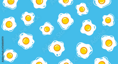 Fried eggs pattern on blue background, breakfast food illustration.