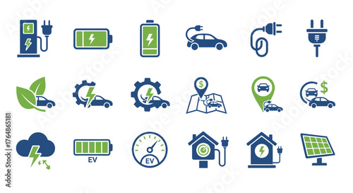 Electric Vehicle Icons Set Sustainable Transportation and Energy Efficiency Concepts