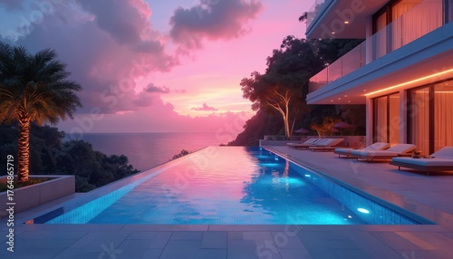 Luxury infinity pool at modern villa with ocean view. Pink sunset sky reflects on calm water surface. House patio with lounge chairs for relaxation. Tropical resort for summer vacation travel. Serene