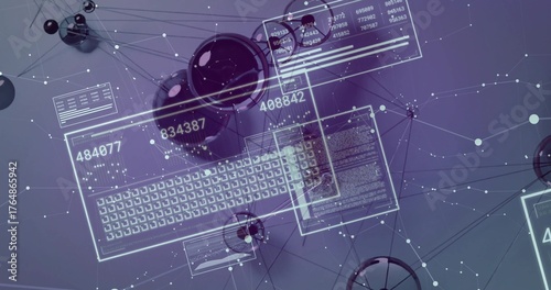 Displaying holographic panels covering purple desk, featuring mug smartphone spheres data panels