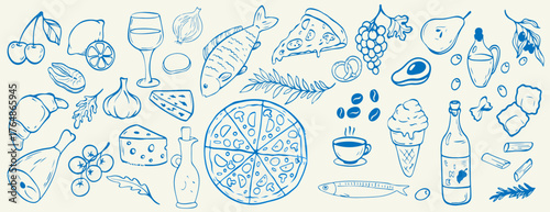 Italian food  Ingredients for restaurant dinner Vector illustration  line art