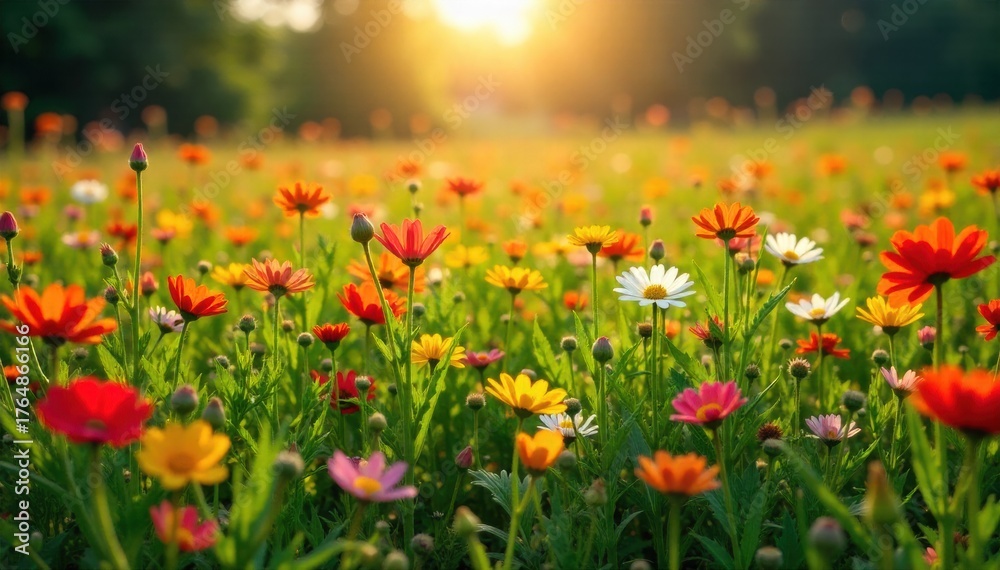 Fototapeta premium Vibrant summer meadow bursting with wildflowers and sun drenched dew A close up, macro view of a vibrant summer meadow. A variety of colorful wildflowers are in full bloom, with delicate dew drops