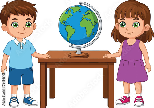 Cartoon children with globe, geography learning scene, educational illustration, global awareness concept, classroom activity, smiling kids, world map, wooden table, school 