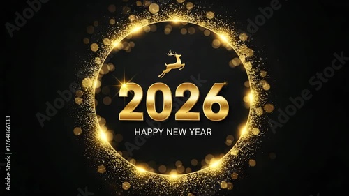 Happy new year 2026 greeting with golden circle and deer