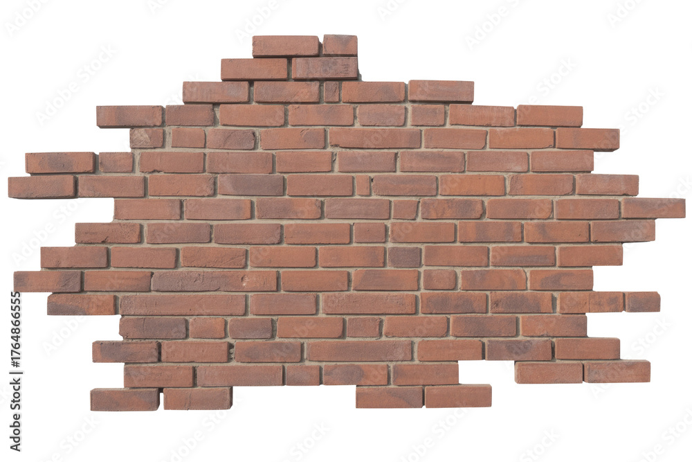 Obraz premium Irregularly shaped section of a rustic red brick wall with varied tones, perfect for design elements on a transparent background. background removed