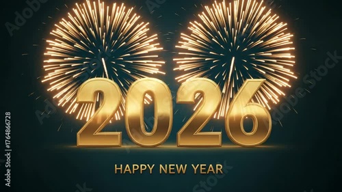 Golden 2026 text with fireworks and happy new year message