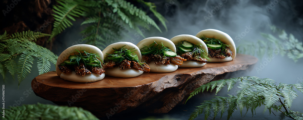 Fototapeta premium Delicious Gourmet Asian Bao Buns with Greens and Cucumber on a Wooden Platter