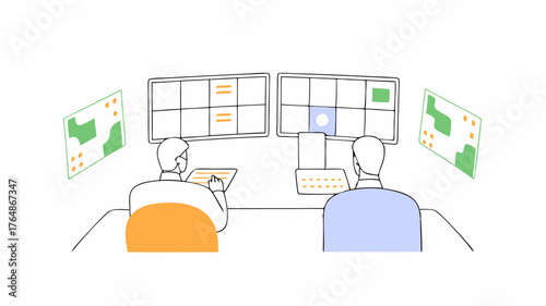 An illustration of a hightech command center with multiple screens displaying realtime data maps and live feeds showing crisis management in action.