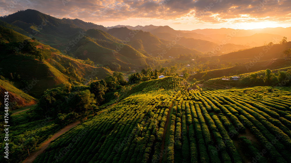 Fototapeta premium Golden sunrise over lush green tea plantations in mountain valley symbolizing International Tea Day, sustainable agriculture, and natural beauty of tea growing regions