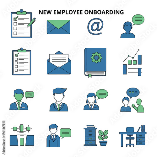 A collection of flat design icons illustrating the new employee onboarding process, including communication, paperwork, and office orientation.