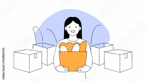 A volunteer holding a filled care package their face radiating joy surrounded by rows of completed boxes ready for delivery.