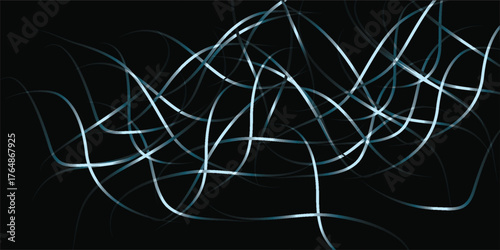 Abstract Wavy Lines in Silver on Black Background Intertwined and Dynamic.