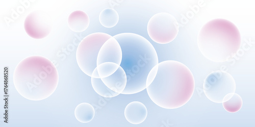 Floating iridescent pastel pink and blue bubbles with soft glow.