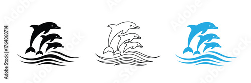 Captivating dolphins gracefully ascend from stylized waves, embodying the spirit of the ocean and the joy of marine life. Perfect for designs seeking vibrant, natural energy.