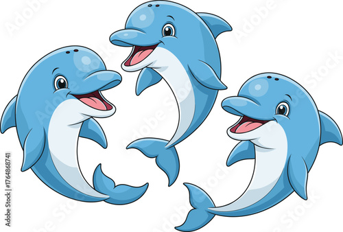 Cartoon dolphins vector illustration, playful marine animals, smiling sea creatures, blue ocean wildlife, kids book design, cad drawing flat vector illustration, white background