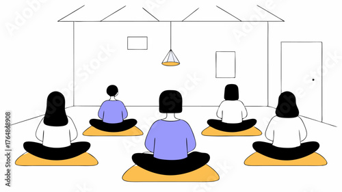 A cozy community center room where a trained facilitator guides a mindfulness meditation session with participants seated comfortably on cushions and soft lighting creating a