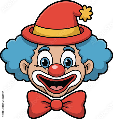 Joyful clown with bright red nose and curly blue hair, smiling widely with a red bowtie.