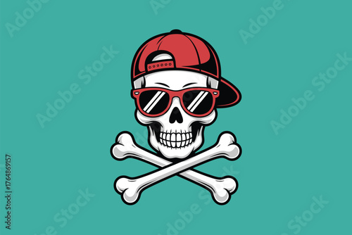 Cool skull and crossbones wearing sunglasses and a baseball cap, representing danger and rebellion