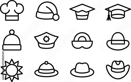 Collection of diverse hat icons representing various professions and occasions