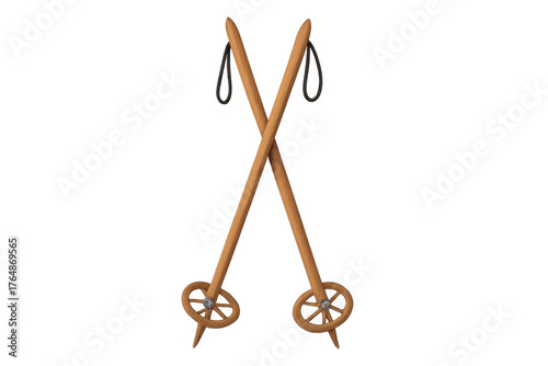 Crossing vintage wooden ski poles with an old design for winter sports equipment, isolated on transparent background