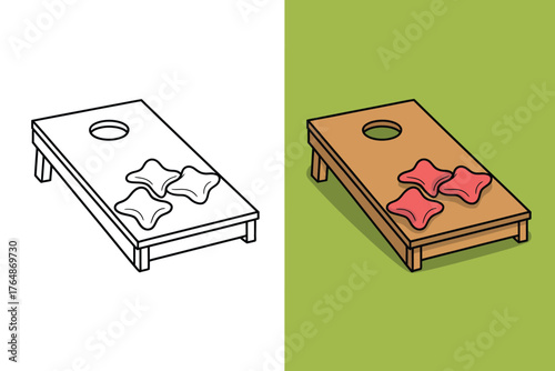 Outdoor game board with beanbags ready for play on a sunny day