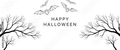 Spooky bats fly around bare trees with "Happy Halloween" text