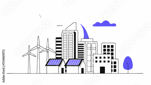 A vibrant city skyline with wind turbines and solar panels integrated into the buildings showcasing a modern approach to urban sustainability.