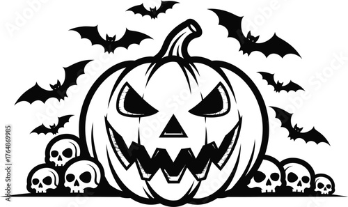 Spooky Halloween jack-o'-lantern with grinning face surrounded by bats and skulls