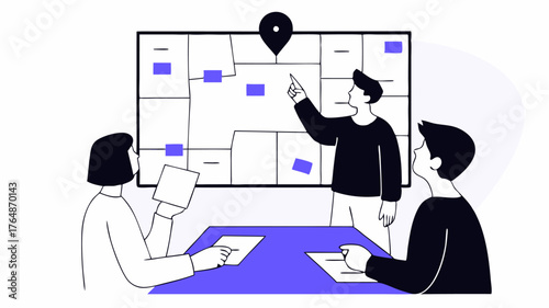 Visual Planning A leader points at a large community map pinned on a wall as volunteers take notes and contribute suggestions fostering a collaborative planning atmosphere.