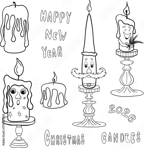 Set of funny cartoon candles with faces and handwritten text. Black and white vector illustration for colouring pages, holiday, greening card and festive design in doodle style.