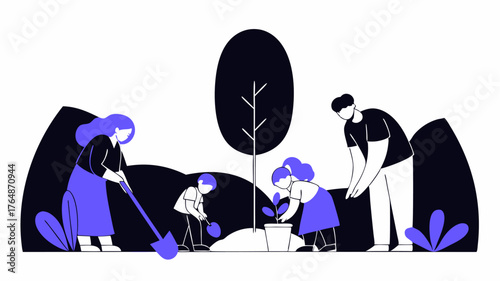 A scenic view of a wideopen space where a diverse group of adults and children are united in planting trees with various planting tools tered a them.