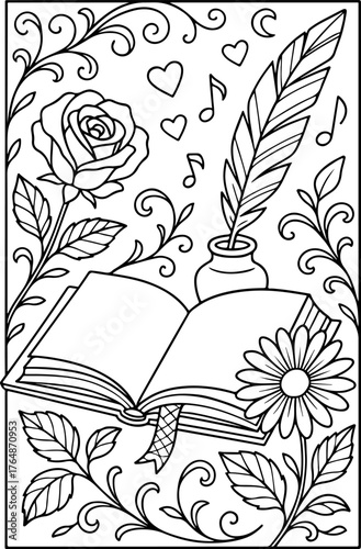 hand drawn vector doodle illustration of intricate poetry coloring page for kids line art
