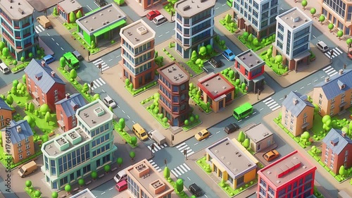 Flying Over a 3D Cartoon Modern City
