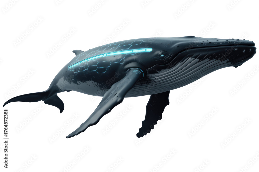 Fototapeta premium A futuristic dark grey whale with glowing blue hexagonal patterns and stripes on its back, representing a bio-mechanical marine creature. background removed