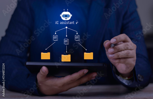 AI assistant for document sorting. Businessman using AI bot on tablet to automate file categorization, classification, and workflow organization.