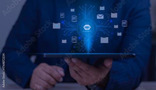 AI assistant for PDF and document management. Businessman using tablet to automate PDF file organization, data sorting, and information processing.