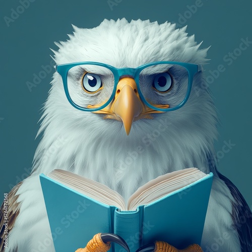 Wallpaper Mural portrait of eagle wearing glasses and holding book with both paws, is intently reading book, modern minimalist decor. Funny animal concept, animal as human being. cozy atmosphere at home Torontodigital.ca