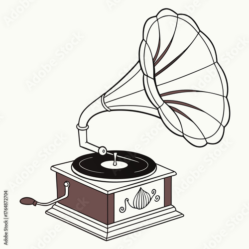 An ornate antique gramophone with a large flared horn, decorated wooden base, turntable, and side crank, shown as a classic mechanical record player.