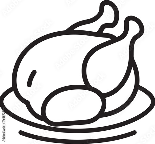 Black outline icon of a roasted chicken on a platter with a white background food poultry