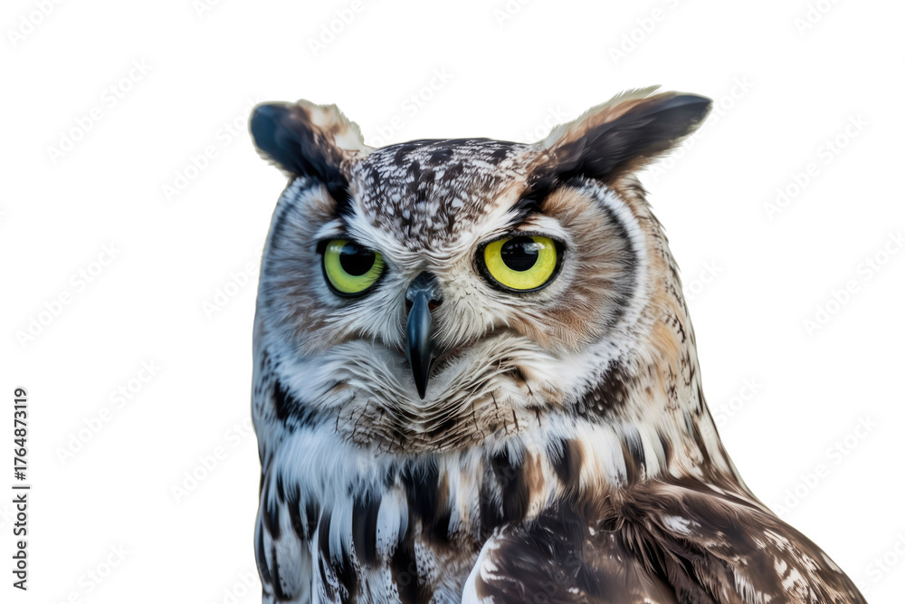 Fototapeta premium A majestic owl with piercing yellow eyes and distinctive ear tufts stares directly, isolated on a solid transparent background. background removed