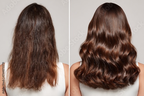 Before and after hair transformation from dry frizzy brown hair to smooth shiny wavy hairstyle, back view of woman in studio