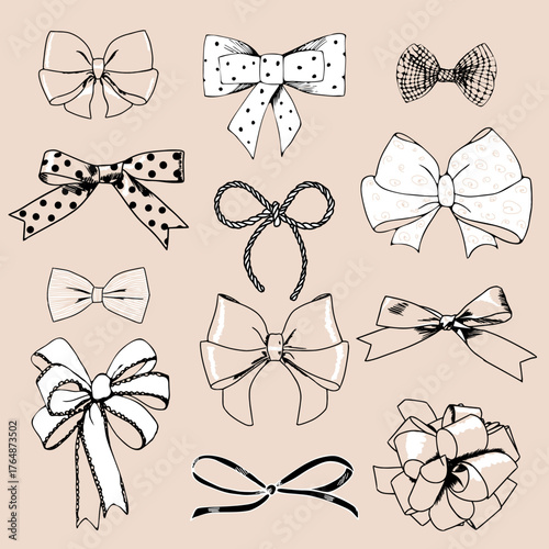 A beautiful collection of hand-drawn bows and ribbons in sketch style. Vintage vector flat background.