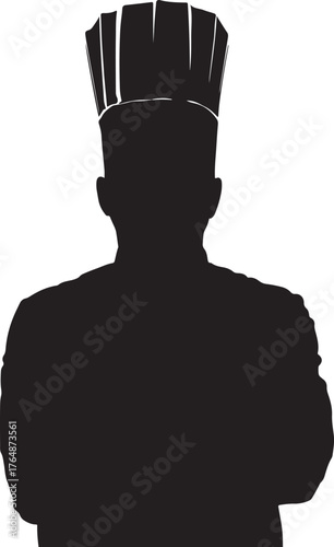 Silhouette of a person in chef's attire with a tall, pleated toque blanche hat and crossed arms vector