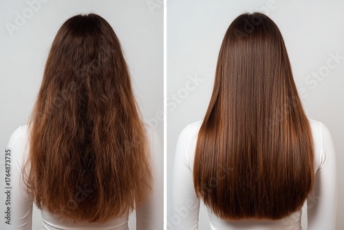 Before and after transformation of long frizzy dull hair becoming sleek smooth straight and glossy after professional care