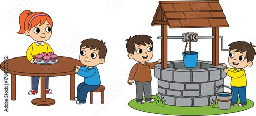 Children sharing cupcakes, fetching water, daily life, teamwork, outdoor activity, kindness, cooperation, cartoon style, village scene, childhood moment, emotional expression, playful interaction