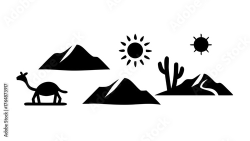 Black silhouette of a desert landscape with mountains, sun, cactus and a camel icon illustration