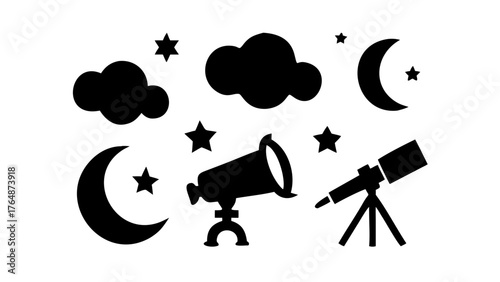 Illustration of night sky with clouds, stars, moons and telescopes in black and white style