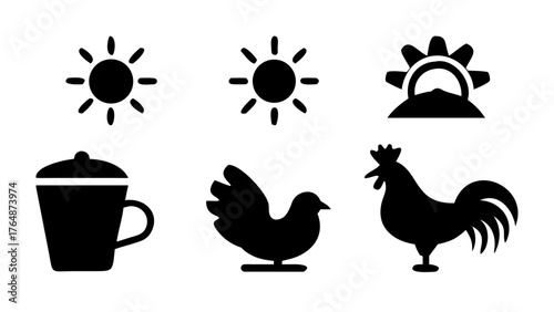 Black and white icons depicting morning symbols including sun, rooster, coffee and sunrise