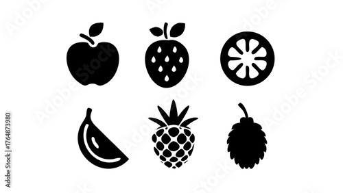 Collection of six fruit icons including apple strawberry orange banana pineapple and blackberry in black